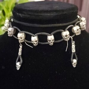 Silver Skull Choker Necklace & Earring Set